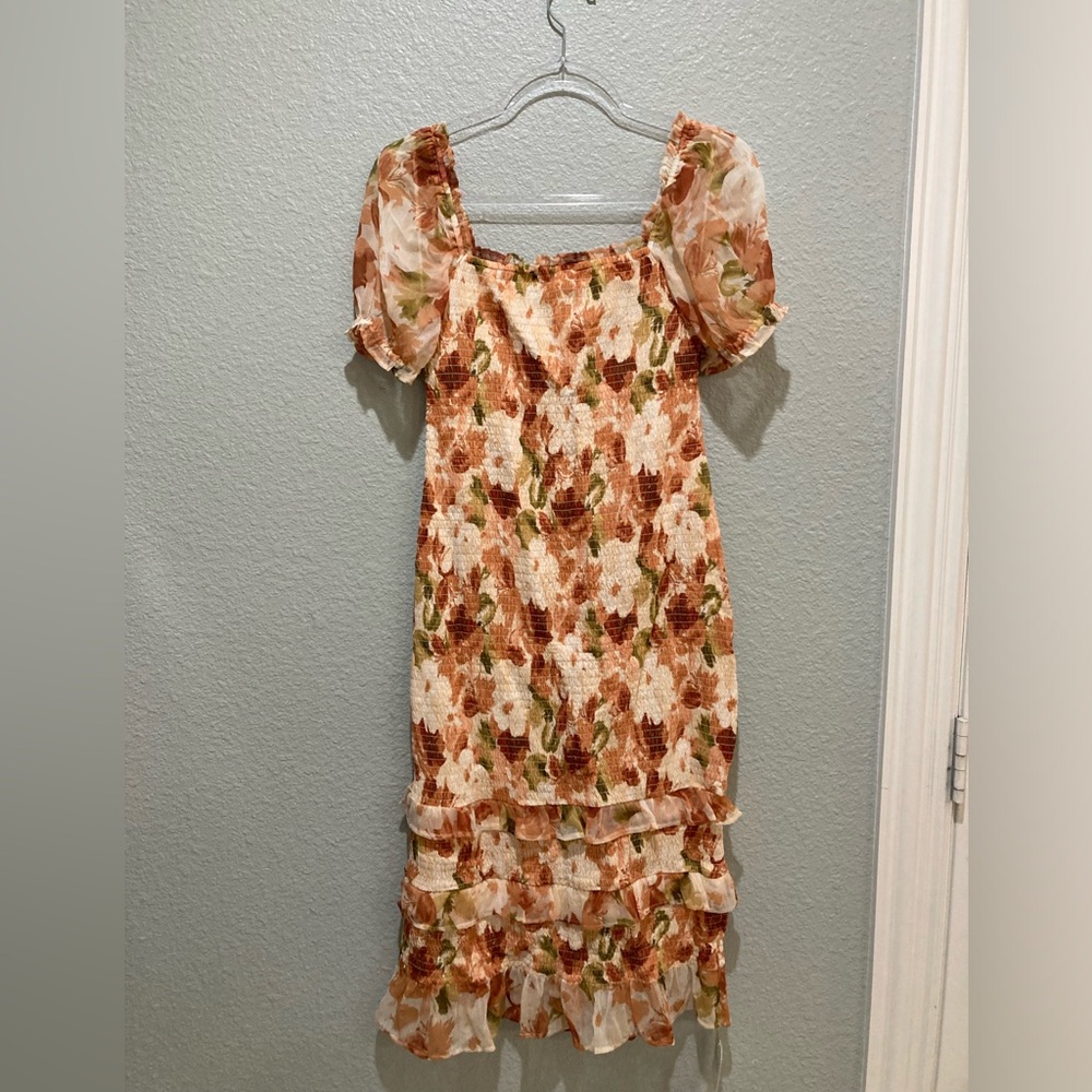Abercrombie & Fitch Small Coral Multi Smocked MIDI Dress